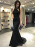 Mermaid Round Neck Sleeveless Open Back Black Long Prom Dresses With Beadings LBQ1561